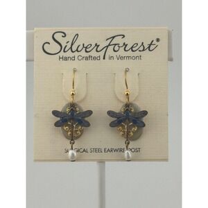 Silver Forest Dragonfly Pearl Drop Dangle Earrings